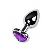 Серебристая коническая анальная пробка с фиолетовым кристаллом-сердечком - 7 см. - ToyFa - купить с доставкой в Таганроге