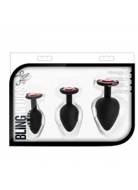 Набор черных анальных пробок с красным кристаллом-сердечком Bling Plugs Training Kit - Blush Novelties - купить с доставкой в Таганроге