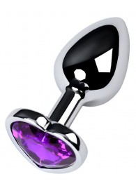 Серебристая коническая анальная пробка с фиолетовым кристаллом-сердечком - 7 см. - ToyFa - купить с доставкой в Таганроге