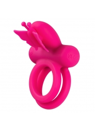 Розовое эрекционное виброкольцо Silicone Rechargeable Dual Butterfly Ring - California Exotic Novelties - в Таганроге купить с доставкой