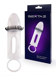 Закрытая насадка на пенис с подхватом мошонки и стимулирующими «ресничками» - Sextaz - в Таганроге купить с доставкой