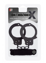 Чёрные наручники из листового металла в комплекте с веревкой BONDX METAL CUFFS LOVE ROPE SET - Dream Toys - купить с доставкой в Таганроге