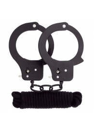 Чёрные наручники из листового металла в комплекте с веревкой BONDX METAL CUFFS LOVE ROPE SET - Dream Toys - купить с доставкой в Таганроге