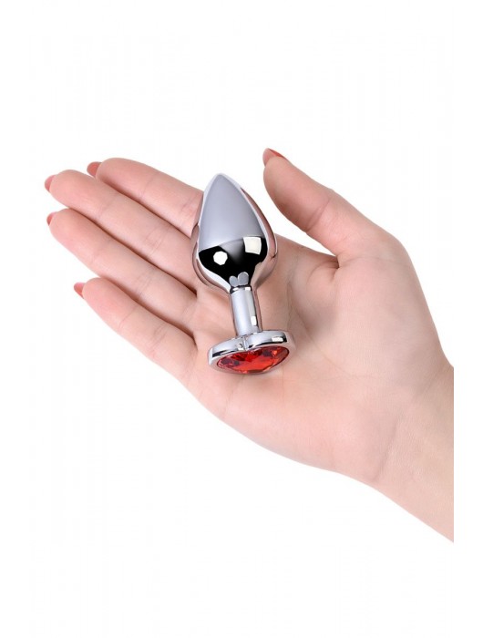 Серебристая коническая анальная пробка с красным кристаллом-сердечком - 7 см. - ToyFa - купить с доставкой в Таганроге