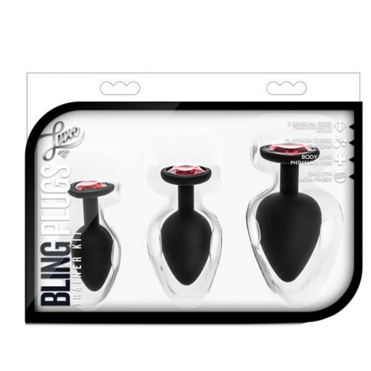 Набор черных анальных пробок с красным кристаллом-сердечком Bling Plugs Training Kit - Blush Novelties - купить с доставкой в Таганроге