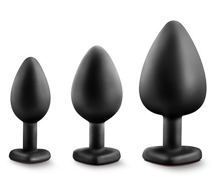 Набор черных анальных пробок с красным кристаллом-сердечком Bling Plugs Training Kit - Blush Novelties - купить с доставкой в Таганроге