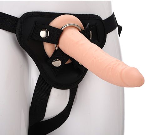 Телесный страпон на черных трусиках STRAP ON REAL DILDO - 20 см. - Dream Toys - купить с доставкой в Таганроге