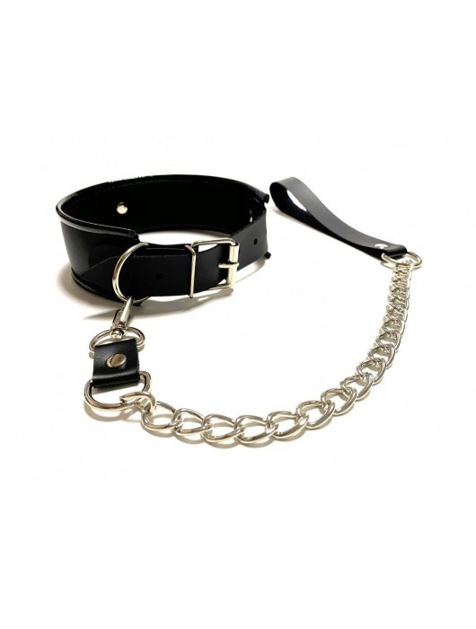 Черный ошейник с поводком из эко-кожи - БДСМ Арсенал - купить с доставкой в Таганроге