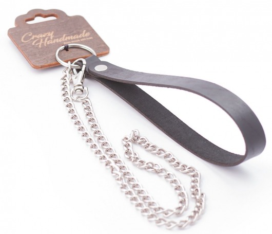 Серебристый металлический поводок с кожаной черной ручкой - 80 см. - Crazy Handmade - купить с доставкой в Таганроге