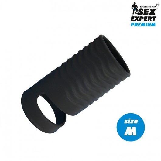 Черная открытая насадка на пенис с кольцом для мошонки size M - 7,9 см. - Sex Expert - в Таганроге купить с доставкой