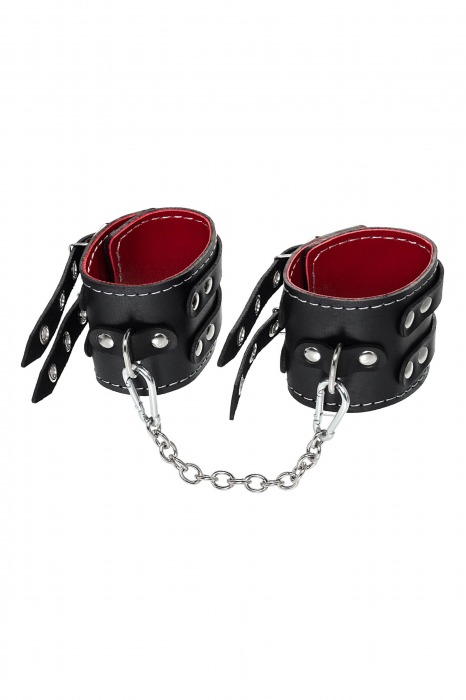 Черные кожаные оковы с двумя ремнями и красной подкладкой - Pecado - купить с доставкой в Таганроге