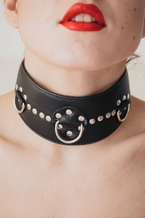 Чёрный кожаный ошейник с полукольцами и клёпками - БДСМ Арсенал - купить с доставкой в Таганроге