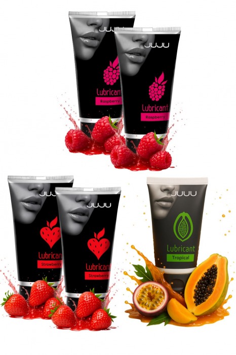 Набор из 5 съедобных лубрикантов JUJU (клубника х 2, малина х 2, тропические фрукты) - JuJu - купить с доставкой в Таганроге
