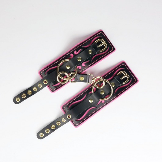 Черные кожаные наручники с розовой строчкой - Crazy Handmade - купить с доставкой в Таганроге Черные кожаные наручники с розовой строчкой - Crazy Handmade - купить с доставкой в Таганроге