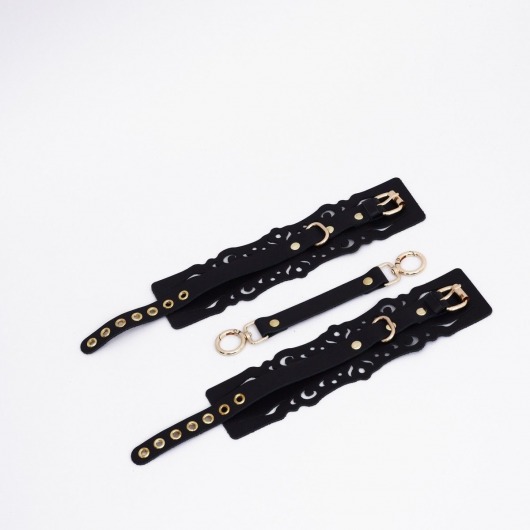 Черный кожаные оковы с узорами и золотистой фурнитурой - Crazy Handmade - купить с доставкой в Таганроге Черный кожаные оковы с узорами и золотистой фурнитурой - Crazy Handmade - купить с доставкой в Таганроге