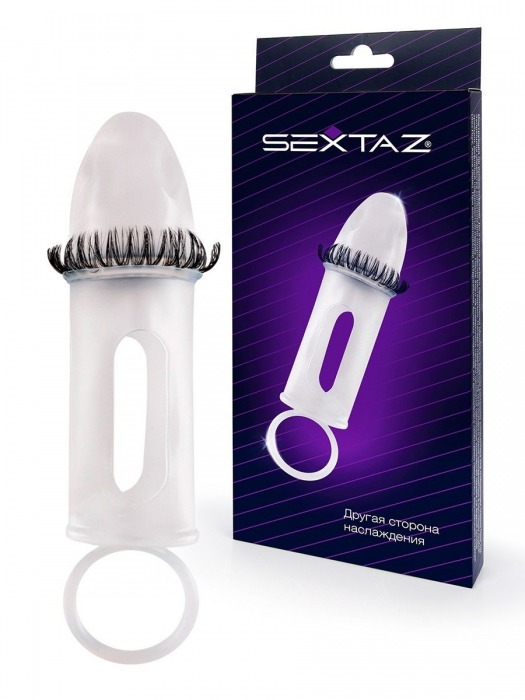 Закрытая насадка на пенис с подхватом мошонки и стимулирующими «ресничками» - Sextaz - в Таганроге купить с доставкой