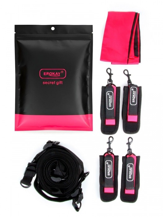 Черно-розовый эротический набор: фиксатор, оковы, наручники, повязка - Erokay - купить с доставкой в Таганроге