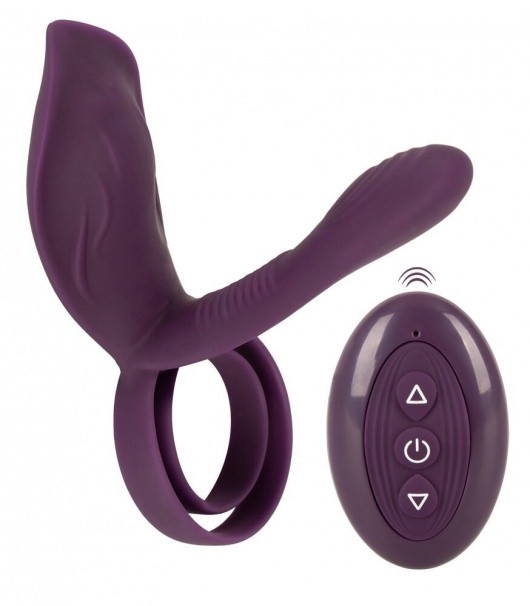 Фиолетовая насадка на член с клиторальным отростком и пультом ДУ RC Couple’s Vibrator 2 - Orion - в Таганроге купить с доставкой