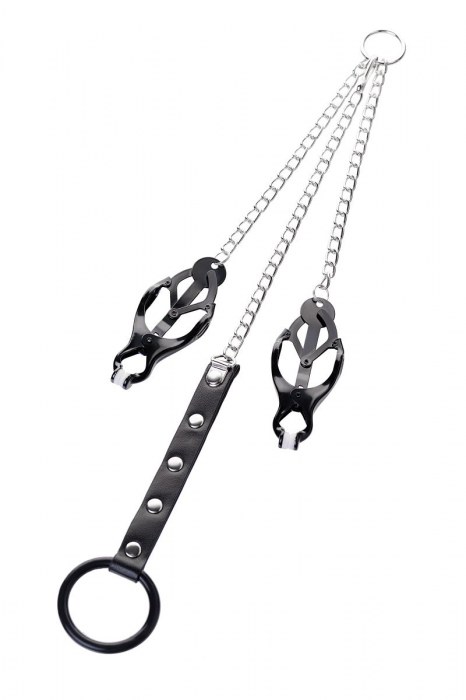 Черно-серебристые зажимы для сосков с кольцом для пениса TOYFA Metal - ToyFa - купить с доставкой в Таганроге