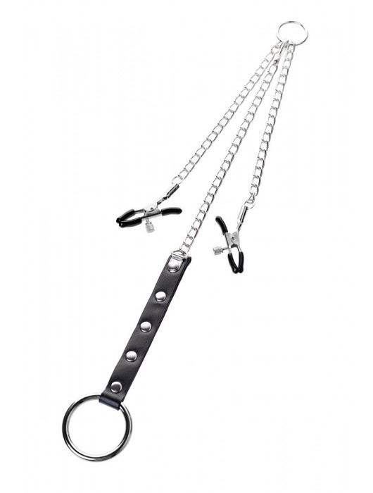 Серебристо-чёрные зажимы для сосков с кольцом для пениса TOYFA Metal - ToyFa - купить с доставкой в Таганроге